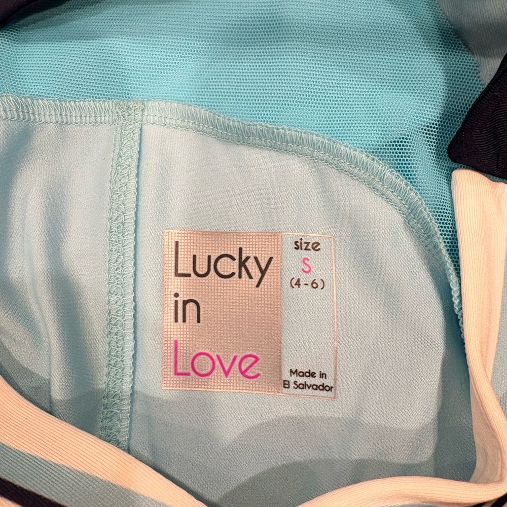 Lucky in Love Light Blue V-Neck Tee NEW - Picture 4 of 6